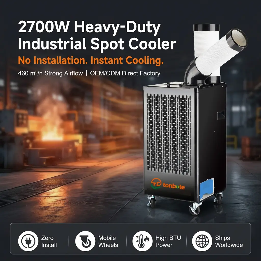 ODM 460m3h Airflow Stålkabinet Justerbar Ventilationsspot Aircondition Gulvstående AC i logistiklager